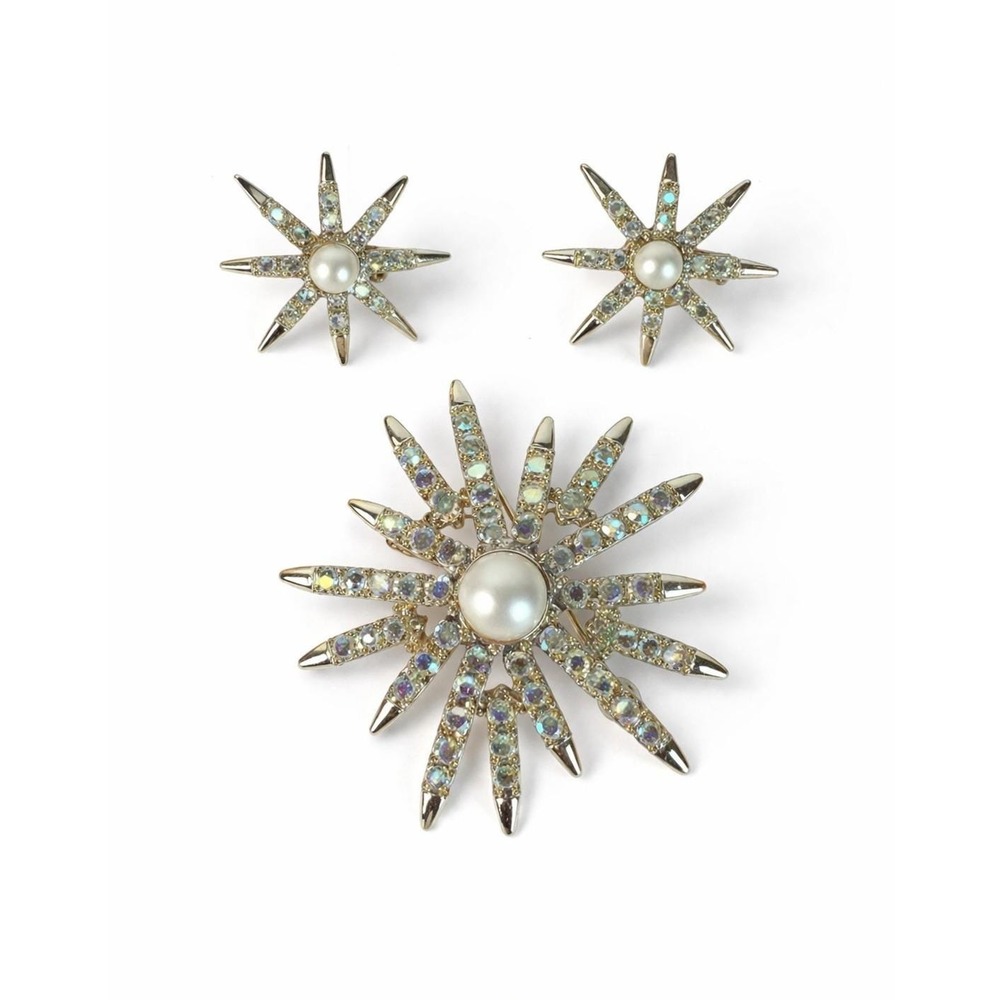 Vintage EMJ Marked Starburst Brooch/Earring Set Gold Aurora Borealis Faux Pearl